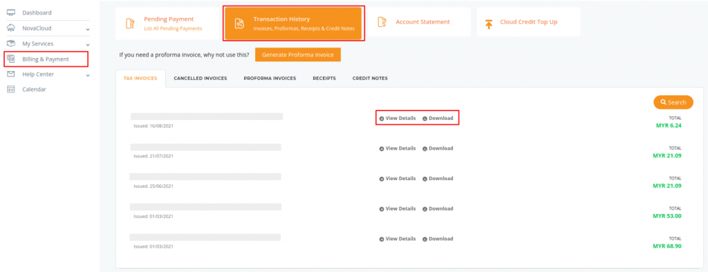 Transaction History Screenshot