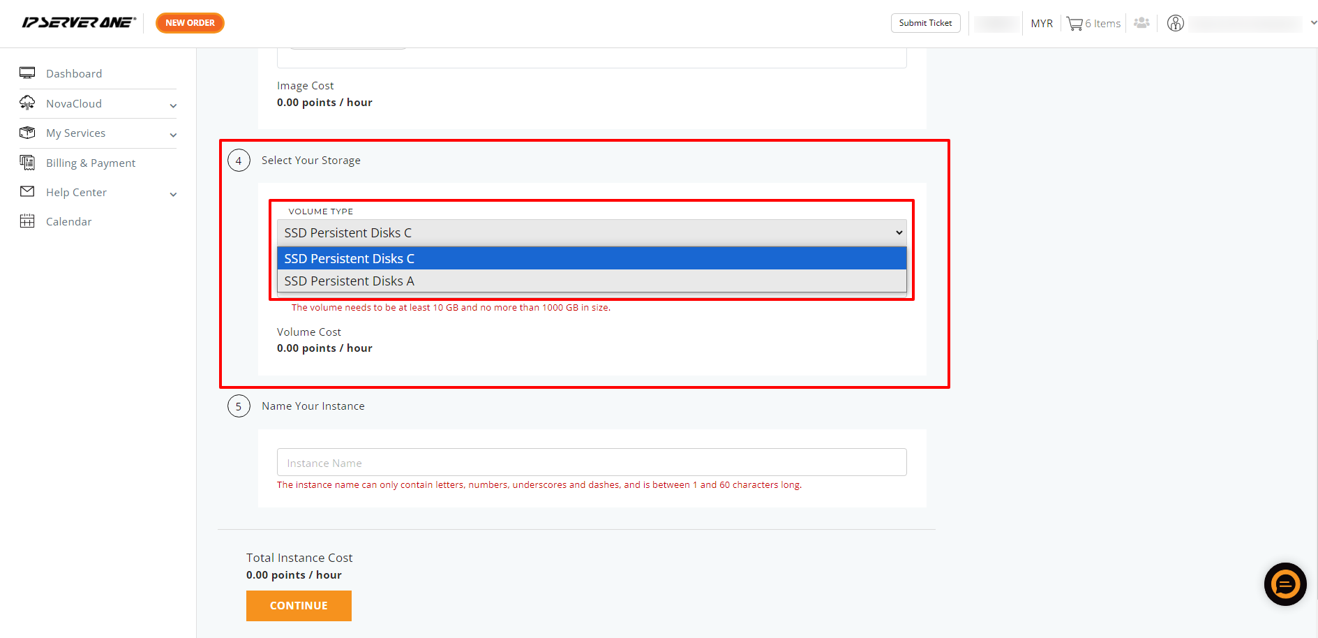 Select Volume Type and Size