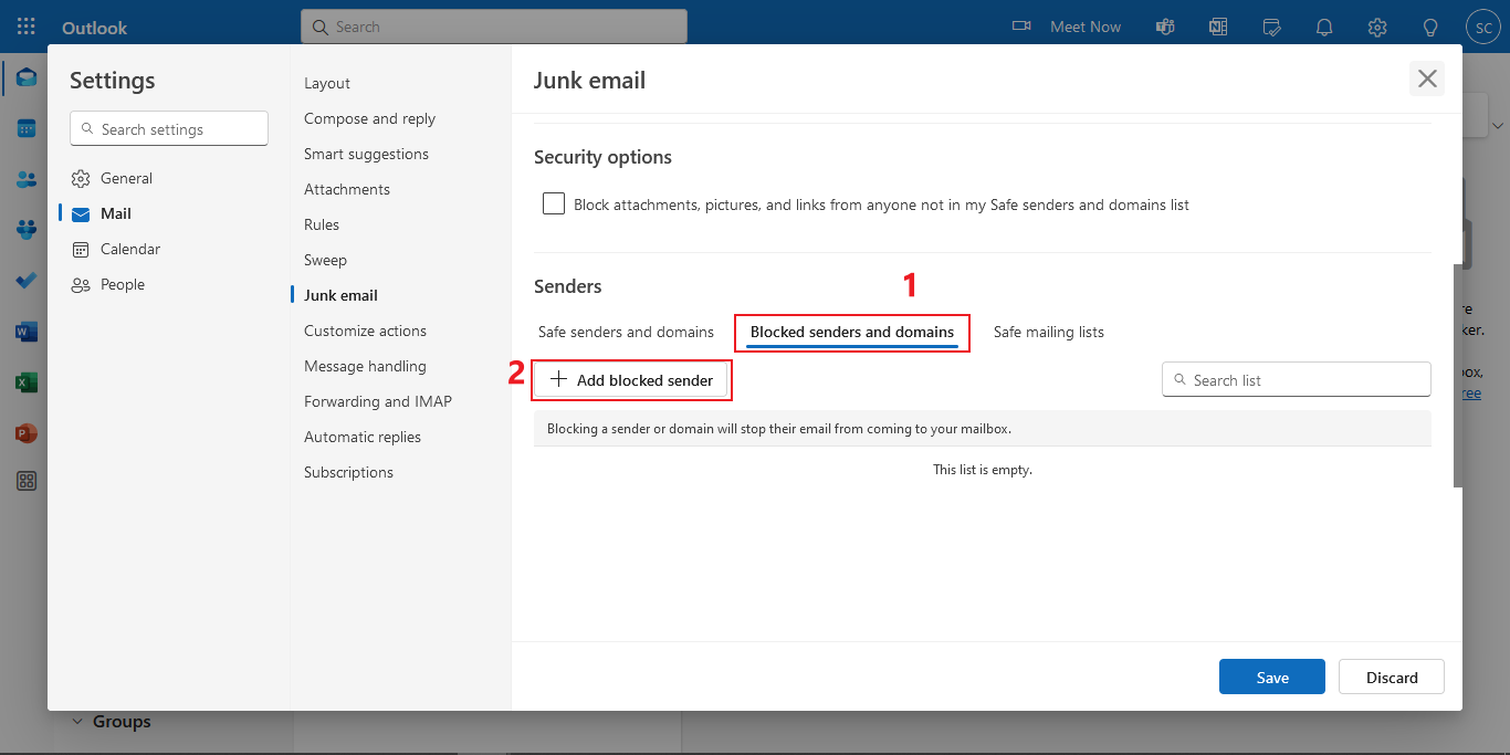 Blocked senders and domains section