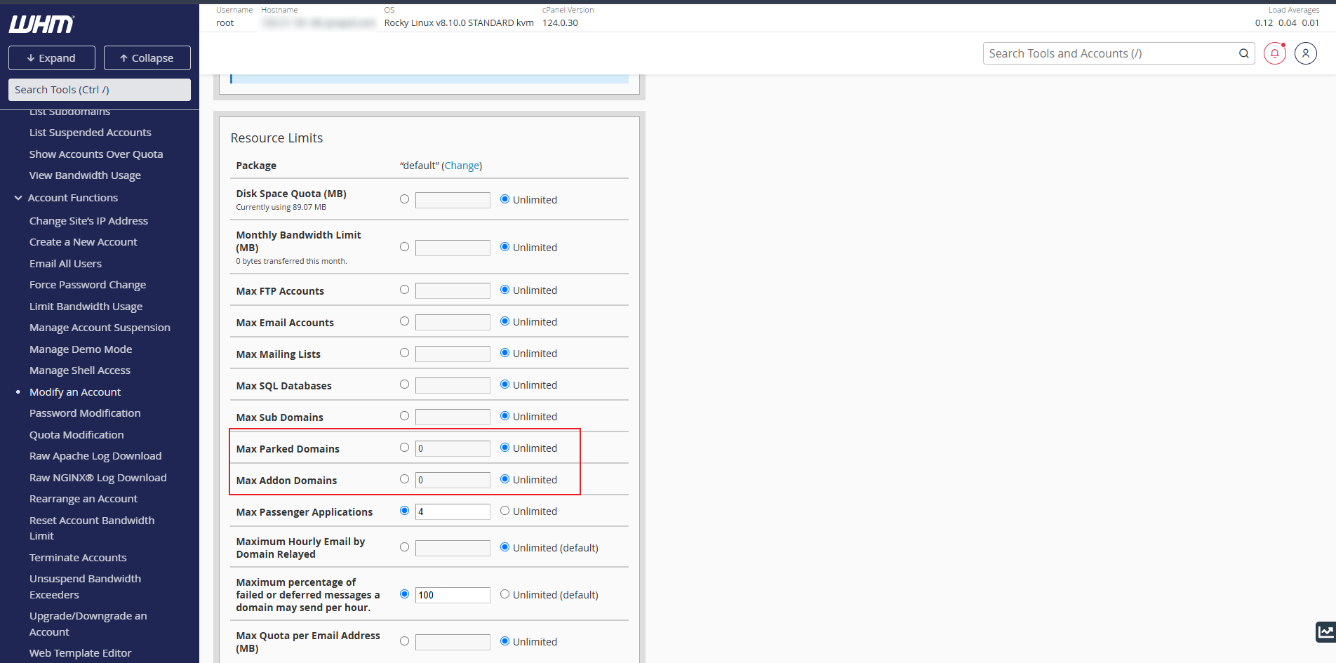 Modify Account Domain Limits