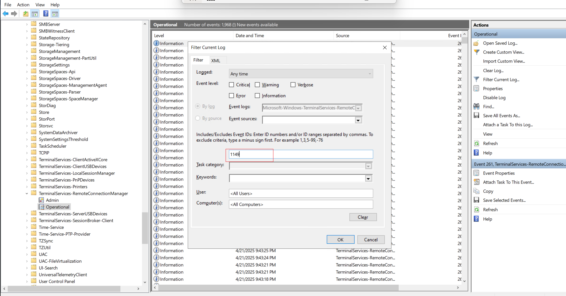 Apply Filter Event ID 1149