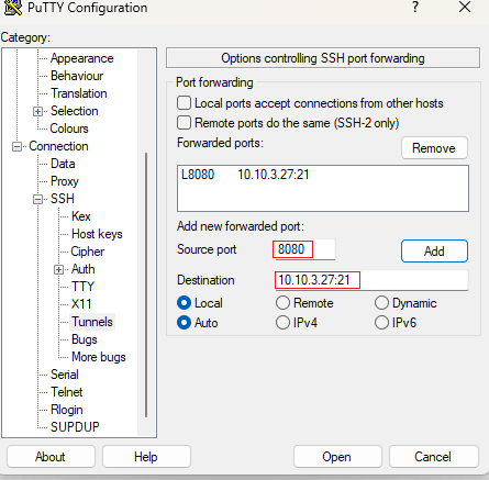 PuTTY Tunnels Settings