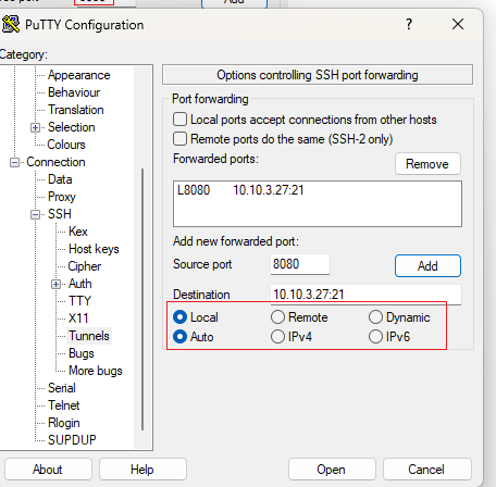 PuTTY Port Forwarding Options
