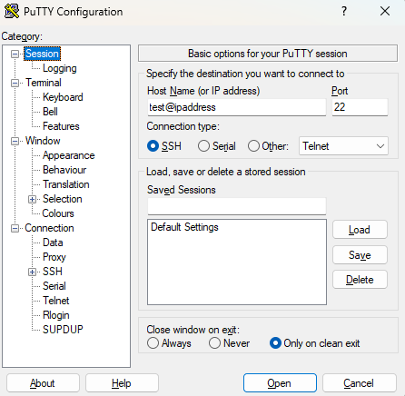 PuTTY Session Panel