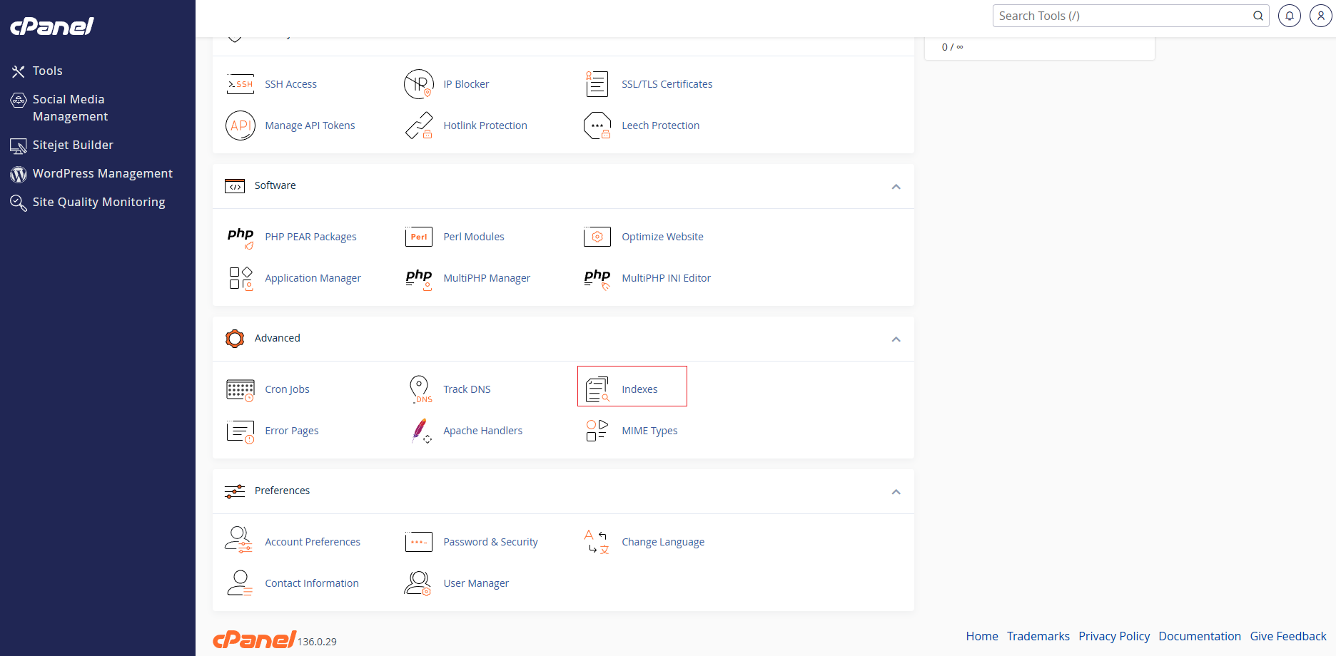 Indexes option under the Advanced section in cPanel