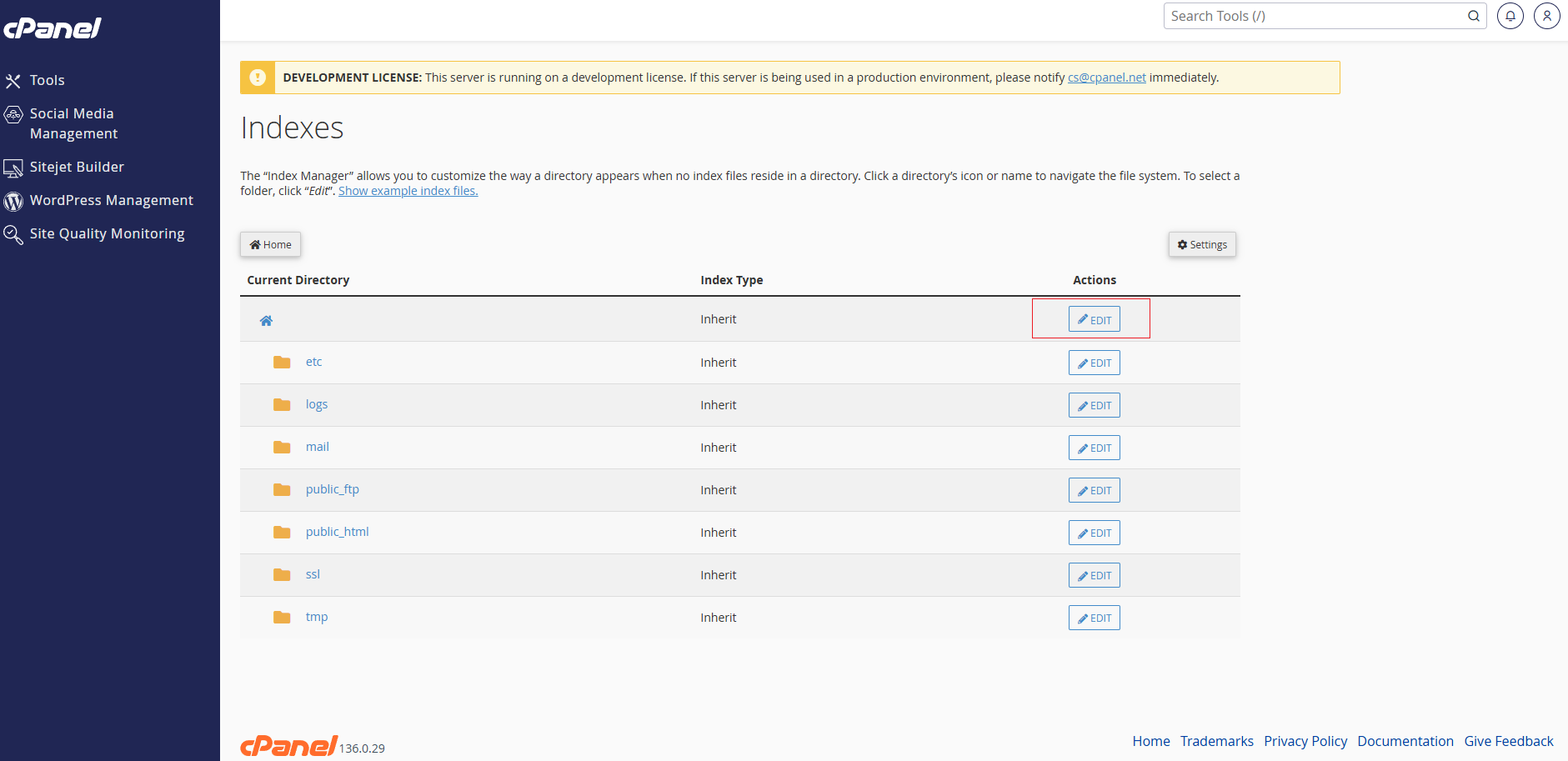 Directory list and Edit button in the cPanel Indexes interface