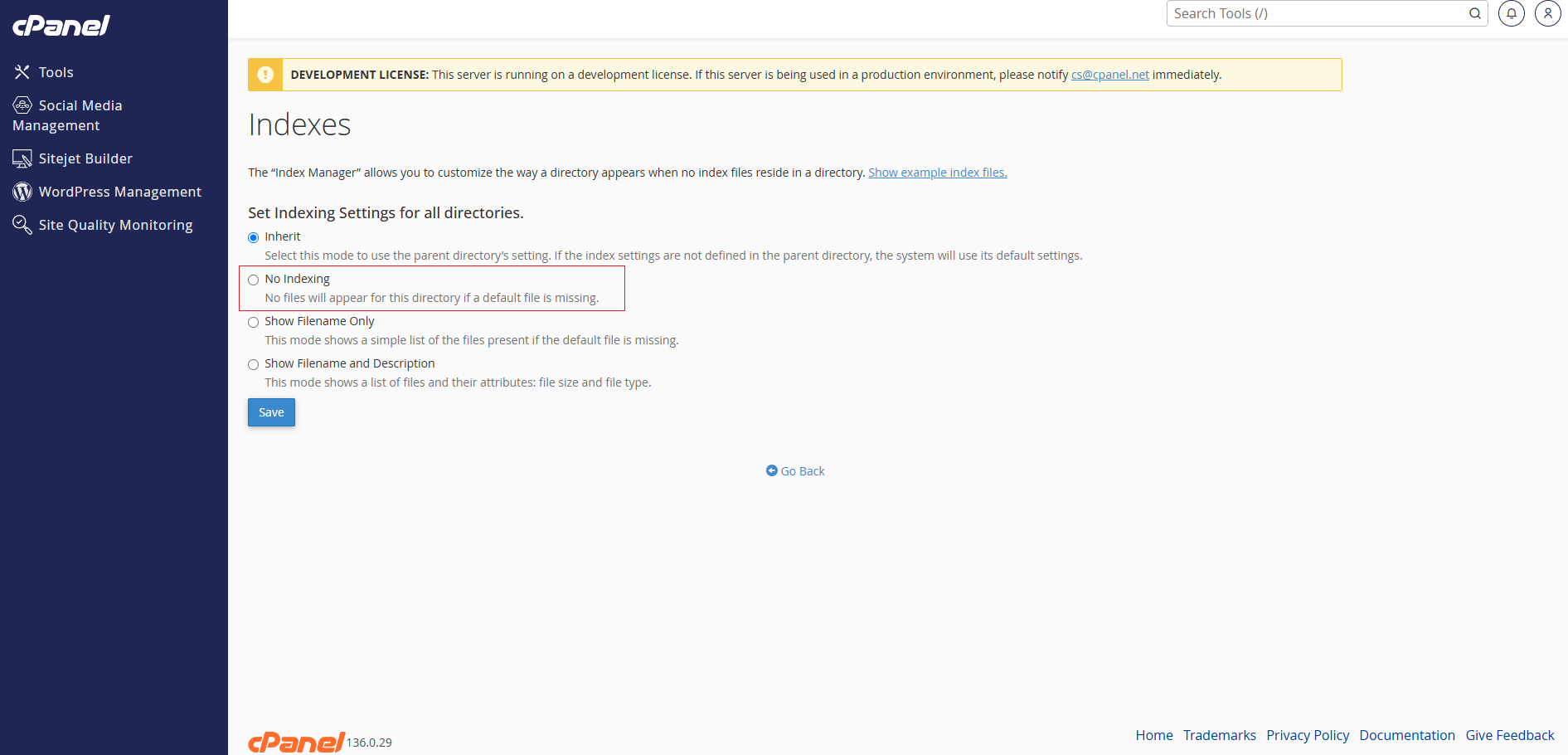 No Indexing option and Save button in the cPanel Indexes interface