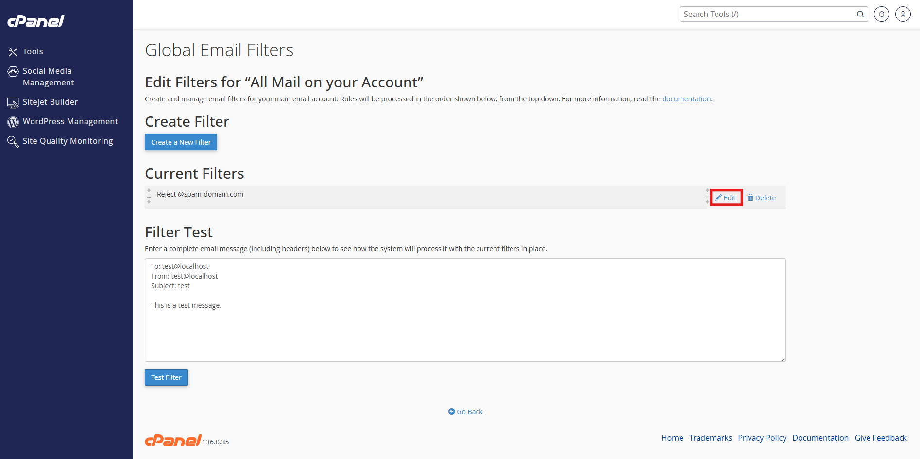 Access global email filters in cPanel