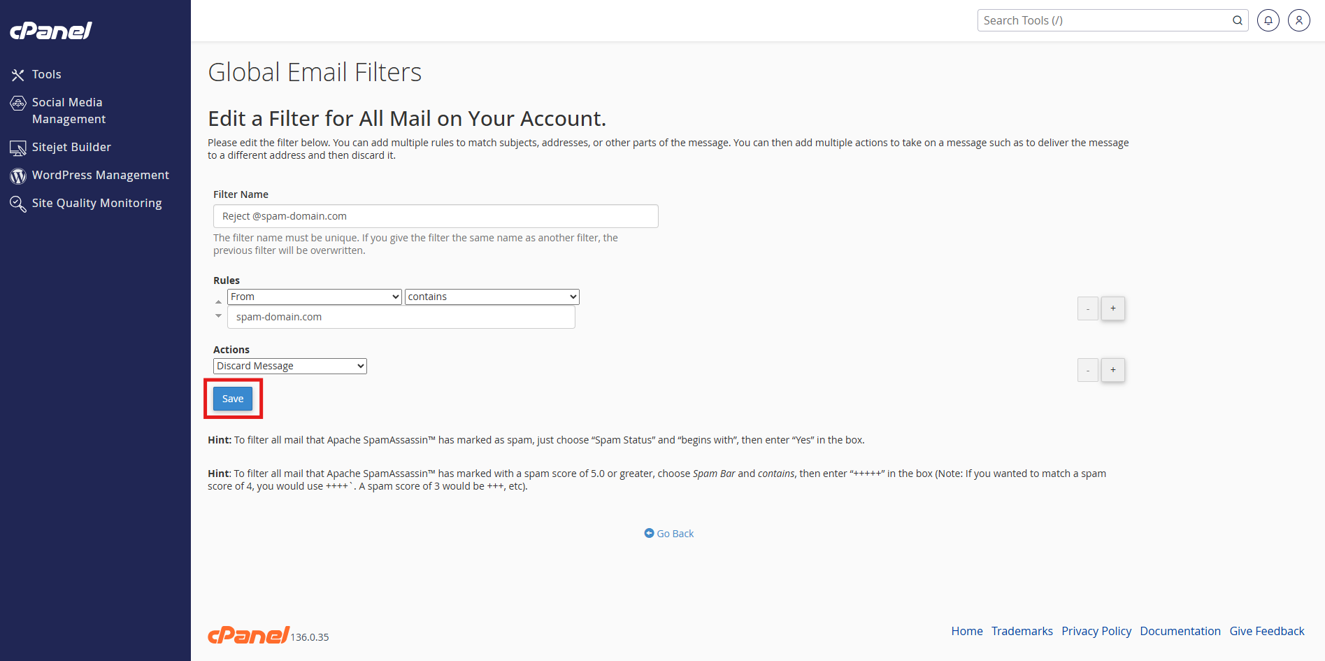 Access global email filters in cPanel