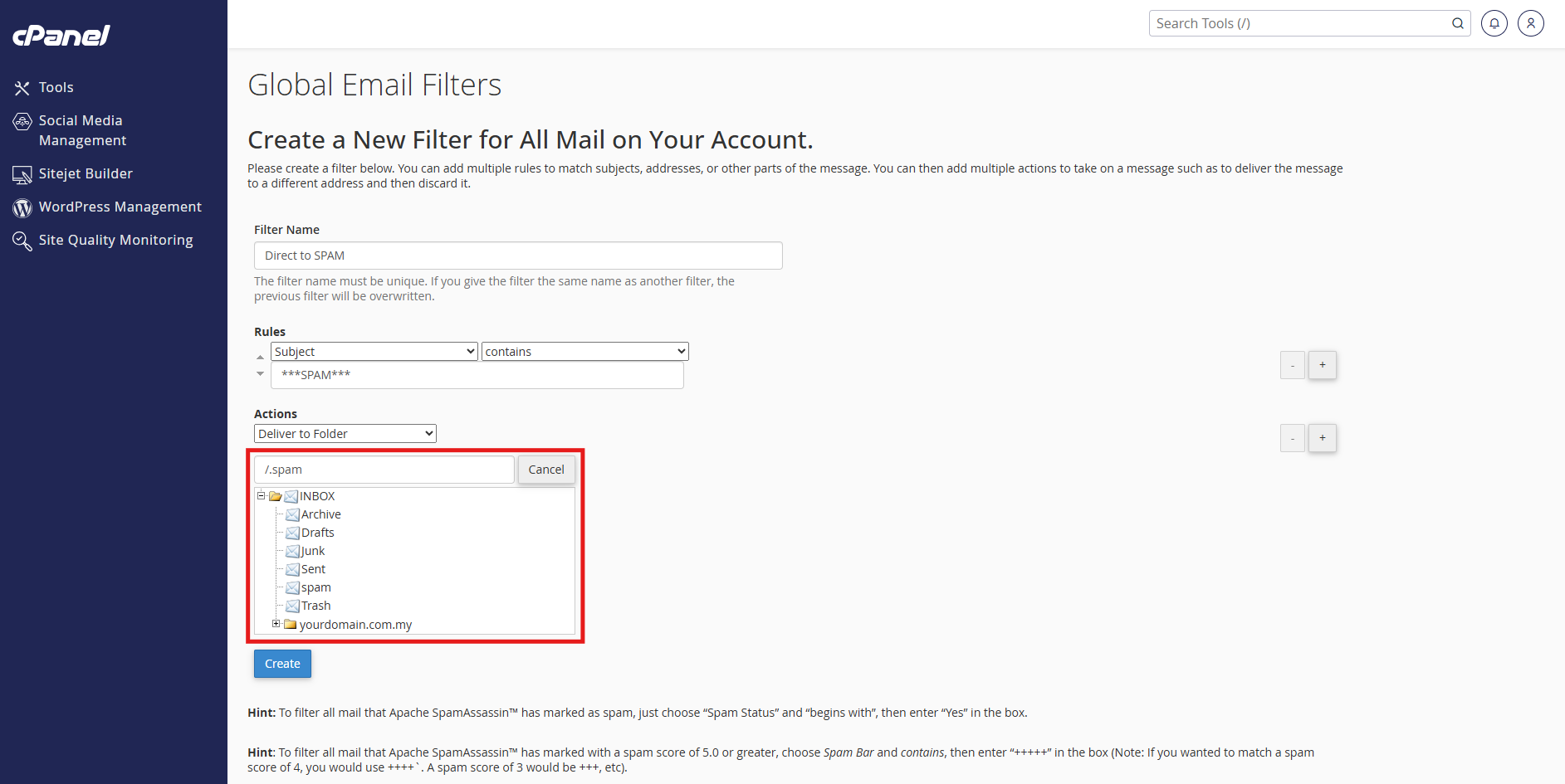 Access global email filters in cPanel