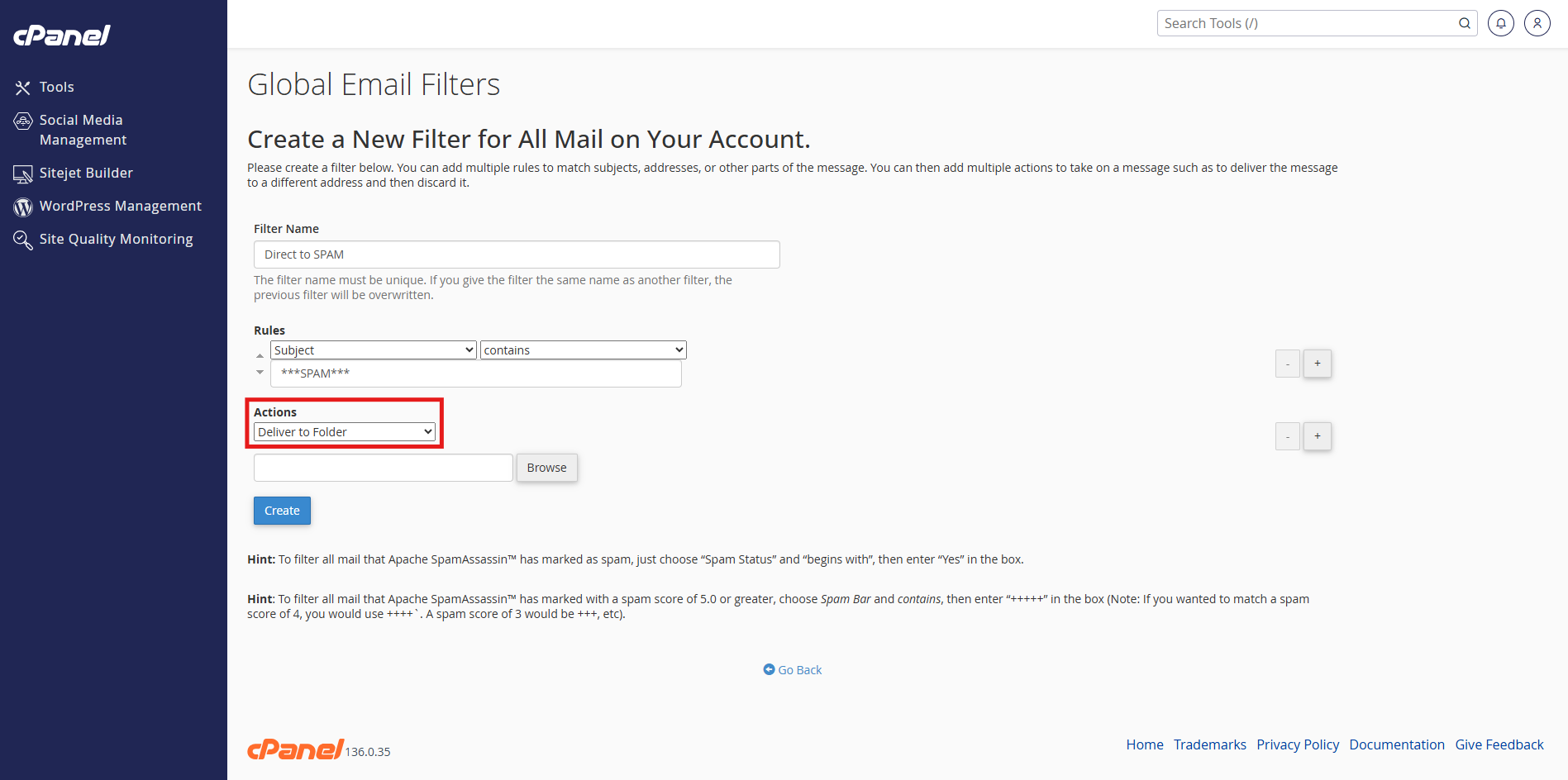 Access global email filters in cPanel